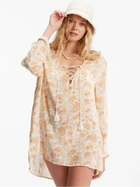 BILLABONG Blue Skies Gauze Beach Cover Up in White/Multi - Size L - Like New